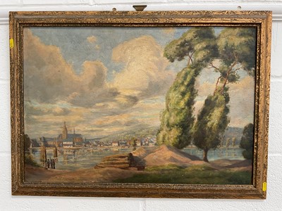 Lot 5171 - Paul Smyth (1888-1963) oil on canvas in gilt frame depicting a French coastal landscape 'Cauderbec from the Seine', original label verso