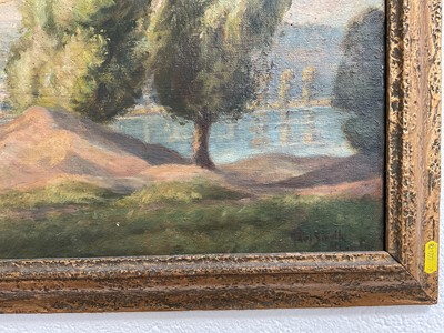 Lot 5171 - Paul Smyth (1888-1963) oil on canvas in gilt frame depicting a French coastal landscape 'Cauderbec from the Seine', original label verso