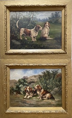 Lot 975 - Albert Willms, late 19th / early 20th century, pair of oils on panel - Basset Hounds, signed, 25.5cm x 34cm, in gilt frames
