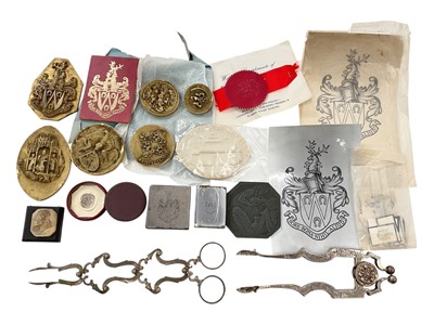 Lot 350 - Collection of various plaster and metal cameos and dies, together with plaetd cutlery and sugar tongs