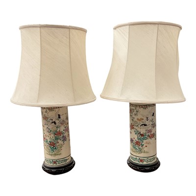 Lot 5 - Pair of early 20th century Japanese vases converted to table lamps, on hardwood stands