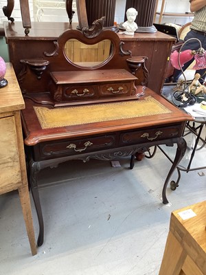 Lot 5331 - Edwardian mahogany dressing table with shaped raised back, leather lined top and two drawers below, on cabriole legs