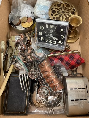 Lot 383 - Novelty copper table lighter in the form of a horse-drawn wagon, plated cutlery, various coins and other items