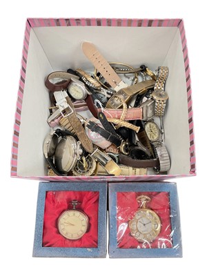 Lot 1055 - Group of various wristwatches, two boxed pocket watches and a compass in plated case