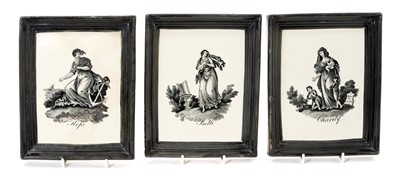 Lot 71 - Three Staffordshire pearlware printed plaques, 1st half 19th century, printed with Faith, Hope and Charity, depicted as three maidens and titled to the base, modelled with integ...
