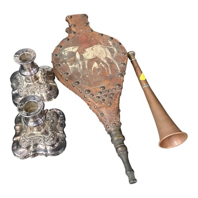 Lot 238 - Hunting horn, hunting themed bellows and a hunting scene in watercolour, pair of silver plated dwarf candlesticks, stag print