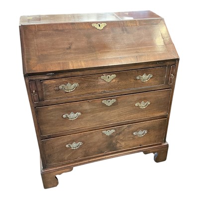 Lot 5390 - Georgian mahogany bureau, raised on bracket feet with brass fittings, 77cm wide.