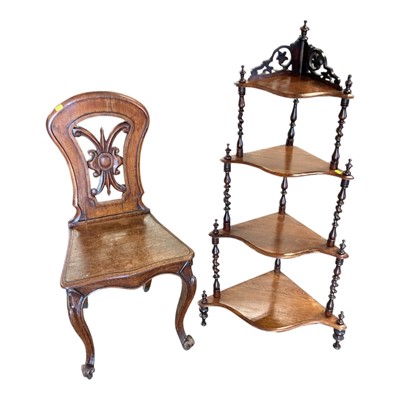 Lot 5391 - Victorian corner whatnot, together with a mahogany hall chair (2).