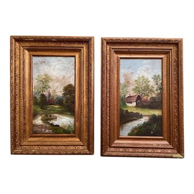 Lot 5139 - Pair of early 20th century landscape with cottages, oil on canvas 44cm x 25cm