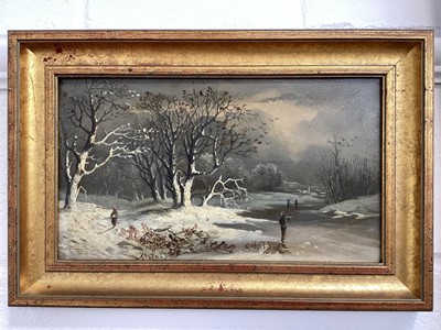 Lot 5137 - Monstat (19th century German?) winter landscape with figures, oil on board signed to the centre 18cm x 30cm