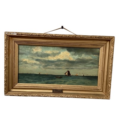 Lot 5142 - After Eugene Boudin figures in a rowing boat and other sailing ships, oil on canvas, unsigned titled to board 20cm x 40cm