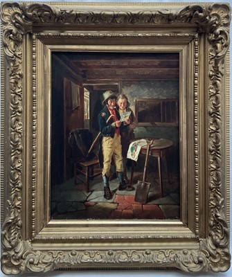 Lot 178 - Charles Hunt (British fl. 1862-1900). Interior scene with two gentlemen reading a letter with a picture on, and a shovel leaning against a cricket table, signed and indistinctly dated, oil on bo...