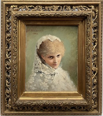 Lot 177 - Roland Bauduin (19thC). Jeune femme au chapeary, portrait of a young lady wearing a lace bonnet and veil, oil on panel, signed and dated 1882, marked verso with seal, 24cm x 19cm in elaborate gi...
