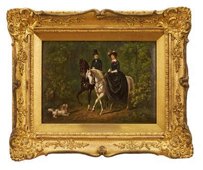 Lot 1195 - Continental School, 19th century, oil on panel - Elegant Couple on Horseback in Woodland, indistinctly signed, 20cm x 27cm., in gilt frame
