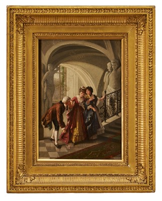 Lot 1198 - Manner of Otto Erdmann (1834-1905) oil on panel - The Attentive Gentleman, monogrammed EC, 32cm x 23cm, in gilt frame