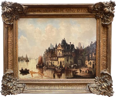 Lot 175 - Grohmann after Ludwig Hermann. A town on the Rhine with numerous figures on the quay and sailing boats on the river, version of works known as 'Dutch town with boats' and Grohmann signed, oil on...
