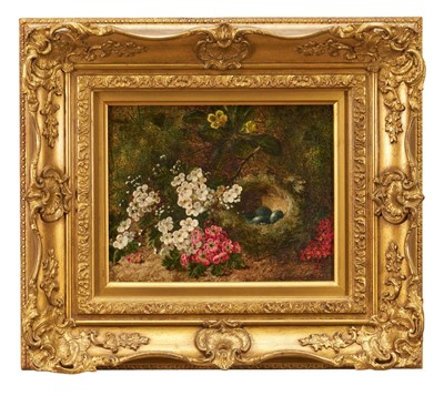 Lot 1199 - Oliver Clare (1853-1927) oil on canvas - Still Life Birds Nest and Blossom, signed, 21cm x 25.5cm, in gilt frame