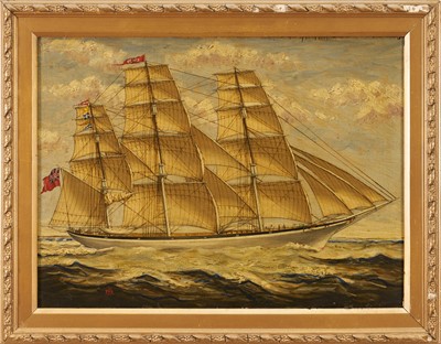 Lot 1197 - English School, 19th century, oil on panel - A Ship under Full Sail, initialled DS, 30.5cm x 40.5cm, in gilt frame