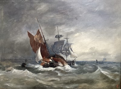 Lot 5140 - 19th century oil on canvas sailing boats in choppy seas, monogrammed E. S., 46cm x 61cm.
