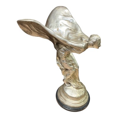 Lot 3 - Large and impressive reproduction Rolls - Royce Spirit of Ecstasy raised on a marble plinth, bearing signature Bugatti, 77cm high.