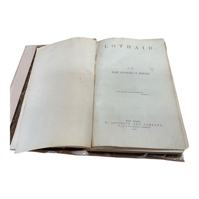 Lot 1370 - Disraeli (R.H. Benjamin). Lothair, 1st USA Edition published by Appleton & Co, New York 1870, leather spine, marble boards.