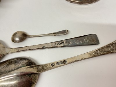 Lot 44 - 1930s silver condiment with silver salt spoon, two other silver spoons and a good quality silver plated mustard pot with blue glass liner