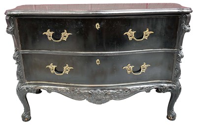 Lot 1439 - 19th century continental ebonised serpentine two drawer commode, with carved angles and apron, on cabriole legs, 122cm wide x 52cm deep x 80cm high