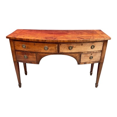 Lot 1438 - Regency mahogany and ebony line inlaid bowfront sideboard, with four drawers on square tapered legs and spade feet, 140cm wide x 60cm deep x 90cm high