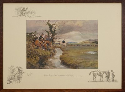Lot 995 - *Snaffles, Charles Johnson Payne (1884-1967) signed hand-coloured print - 'Great Banks There Was Below In The Fields', with snaffle blindstamp, 51cm x 75.5cm, in glazed frame