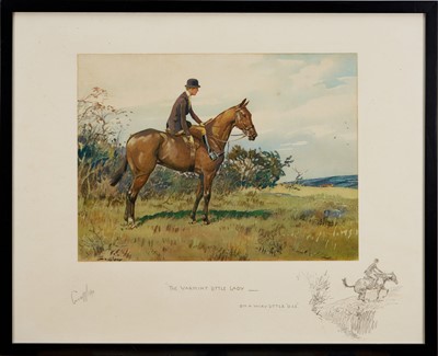 Lot 993 - *Snaffles, Charles Johnson Payne (1884-1967) signed hand-coloured print - "The Varmint Little Lady - On A Wiry Little 'Oss", with snaffle blindstamp, 51cm x 64cm, in glazed frame