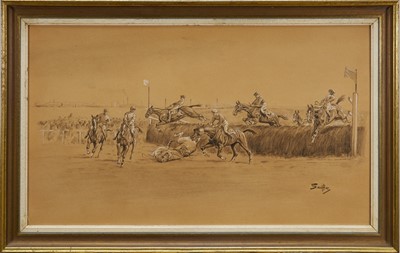 Lot 992 - *Snaffles, Charles Johnson Payne (1884-1967) pencil, wash and bodycolour - The Grand National, Canal Turn, signed, 45.5cm x 67.5cm, in glazed frame