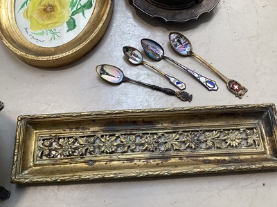 Lot 5018 - Antique silver mirror together with some enamel spoons, silver plated and brass items
