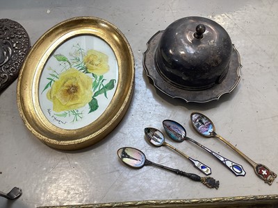 Lot 5018 - Antique silver mirror together with some enamel spoons, silver plated and brass items