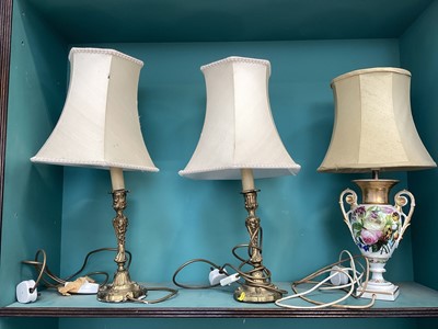 Lot 5019 - Pair of brass table lamps together with a converted vase table lamp