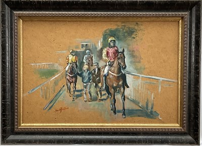Lot 986 - Trudy Redfern, contemporary, oil sketch on board - Going Down to the Start, signed, 27cm x 40,5cm, in glazed frame