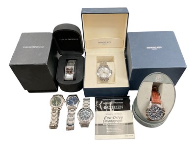 Lot 269 - Group of watches to include Citizen Eco-Drive Chronograph Perpetual Calendar Alarm WR 200 Titanium on brown leather strap, another Citizen Eco-Drive Chronograph WR 100