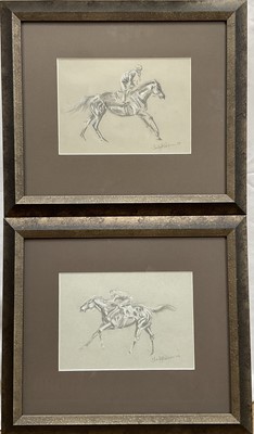 Lot 985 - Trudy Redfern, contemporary, two monochrome chalk sketches of racehorses, signed, 18.5cm x 25.5cm and 18cm x 25cm, together with another watercolour of a horse, 17cm x 28cm, in glazed frames (3)...