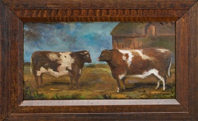 Lot 1054 - English School, oil on panel - A Pair of Cows, 25cm x 48cm, in painted wooden frame