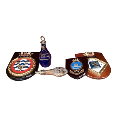 Lot 196 - Three ship's plaques, together with a Royal Dux style elephant and rider, blue glass Hollands decanter, Victorian powder flask