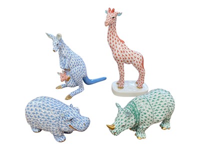Lot 4 - Four Herend porcelain models of animals, including a giraffe, hippopotamus, rhinoceros and kangaroo, the largest 18.5cm high