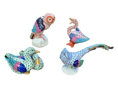 Lot 5 - Four Herend porcelain models of birds, including an owl, ducks, etc, the largest 12cm high