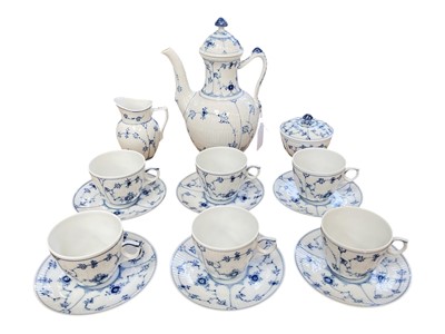 Lot 73 - Royal Copenhagen blue fluted coffee set, including coffee pot, sugar bowl and cover, milk jug, six cups and six saucers