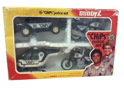 Lot 1806 - Buddy L Chips Police Set & ERTL The Dukes of Hazard General Lee, plus New Bright radio controlled 9.6V fire engine, Corgi truck and Days Gone diecast vehicles (qty)