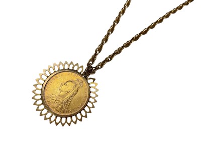 Lot 72 - Victorian gold sovereign, 1889, in 9ct gold pendant mount on yellow metal chain, 61.5cm long