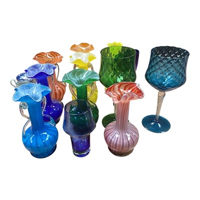 Lot 5065 - Collection of mid 20th century hand blown coloured glass vases together with a pair of coloured glasses with air twist stems