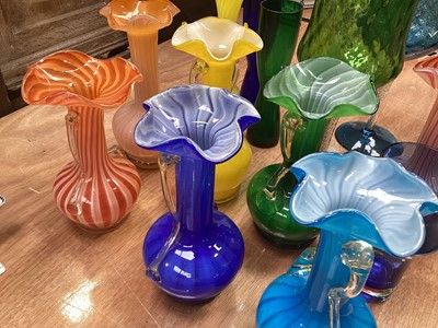 Lot 5065 - Collection of mid 20th century hand blown coloured glass vases together with a pair of coloured glasses with air twist stems