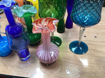 Lot 5065 - Collection of mid 20th century hand blown coloured glass vases together with a pair of coloured glasses with air twist stems