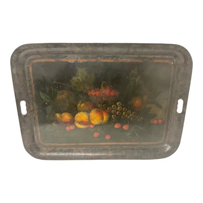 Lot 473 - Large toleware rectangular tray decorated with fruit and vines, 55cm x 77cm