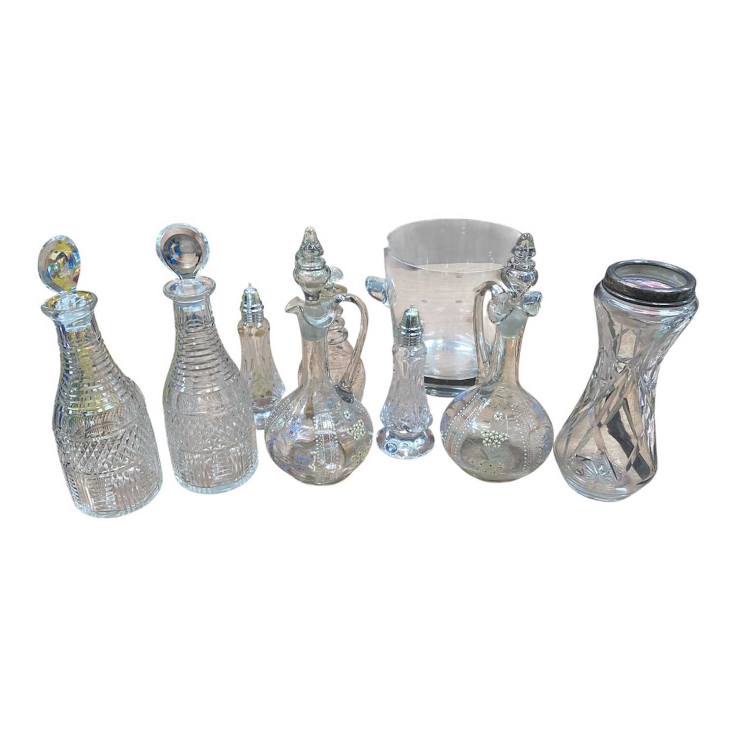 Lot 5066 - Silver topped glass vase together with a pair of antique wine jugs, wine cooler etc