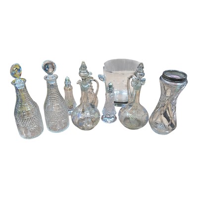 Lot 5066 - Silver topped glass vase together with a pair of antique wine jugs, wine cooler etc